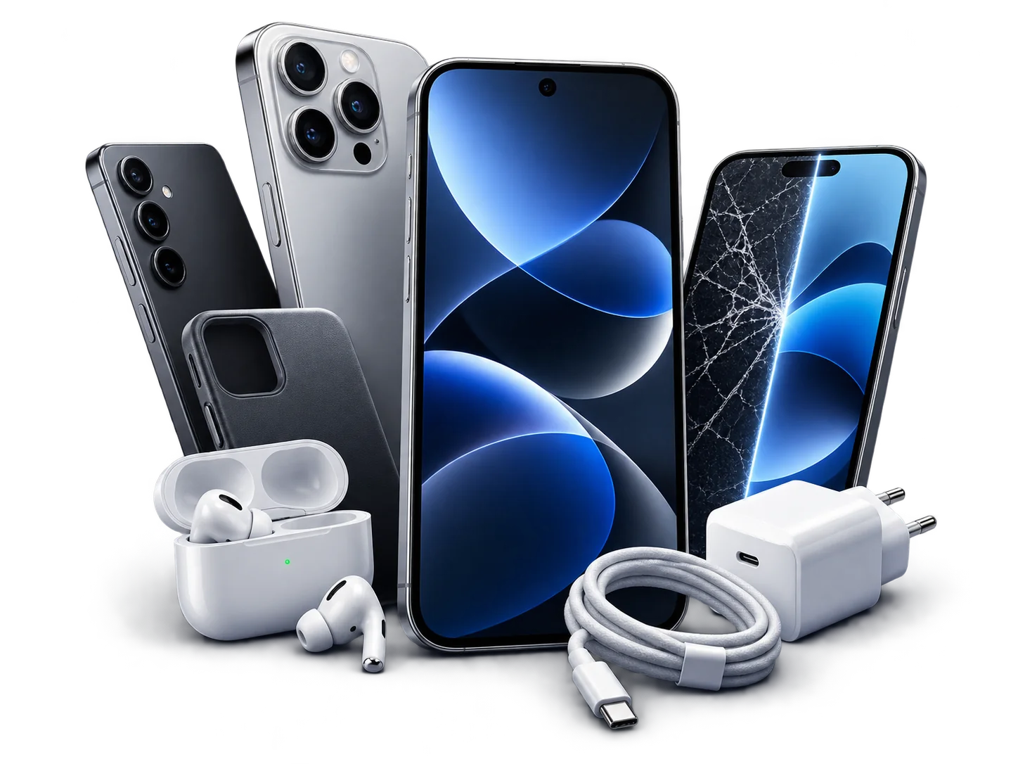 Smartphones e acessórios em composição visual